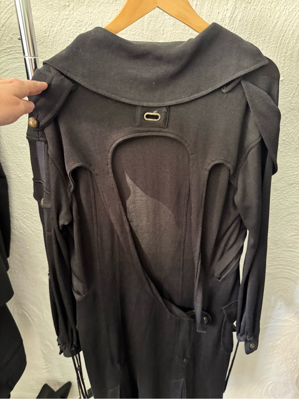 L.A.M.B. Black Draped Long Trench Coat with Embroidered Collar Detail - Picture 3 of 5